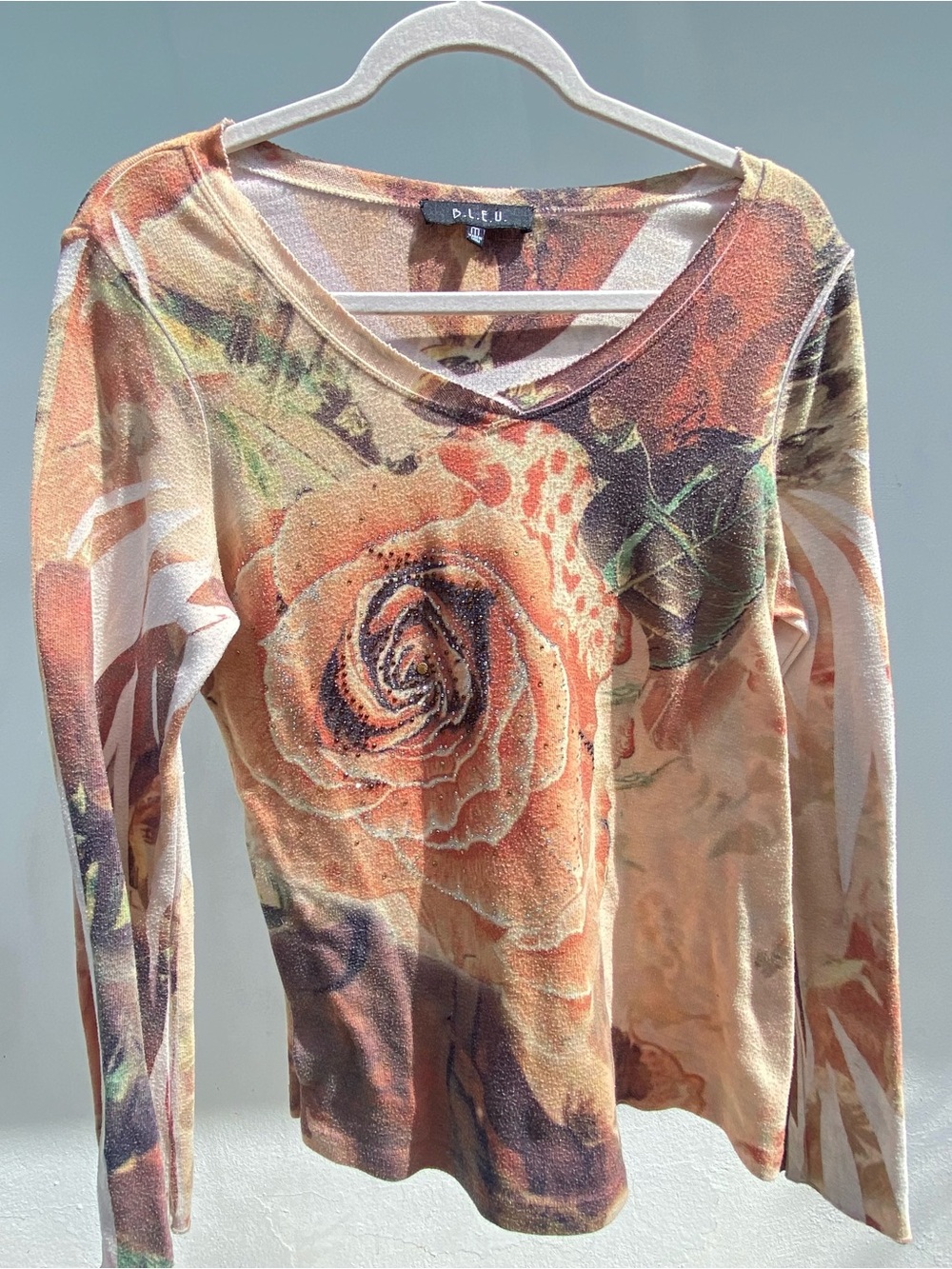 Y2K Whimsygoth Orange Multicolor Floral Rhinestone Long Sleeve Top Size Medium